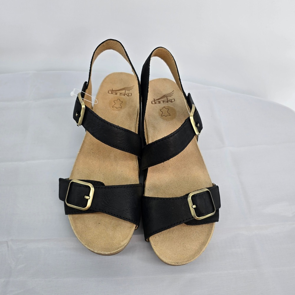 Dansko Black Leather Wedge Sandals Gold Buckle Slingback Wood Grain Heel Size 39 - Picture 6 of 9